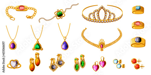 Jewelry. Gold necklace, earrings, emerald brooch, royal diadem. feminine bright pendant, different gems, golden chain. Expensive emerald sapphire and ruby. Vector flat illustration