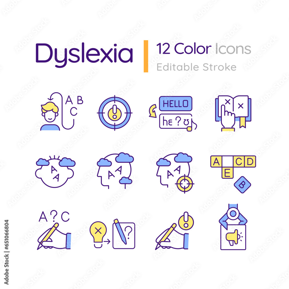 2D editable multicolor thin line icons set representing dyslexia, isolated vector, linear illustration.