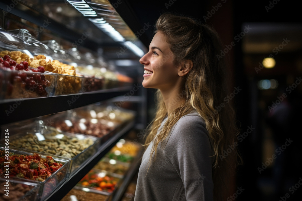 A young Caucasian girl is shopping in a grocery stor