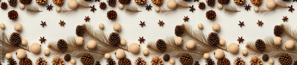 Seamless. A Christmas-themed background image featuring pinecones and fir branches against a white background, perfect for showcasing holiday decoration. Photorealistic illustration Seamless. A Christmas-themed background image featuring pinecones and fir branches against a white background, perfect for showcasing holiday decoration. Photorealistic illustration