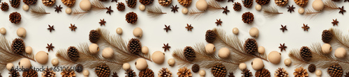 Seamless. A Christmas-themed background image featuring pinecones and fir branches against a white background, perfect for showcasing holiday decoration. Photorealistic illustration