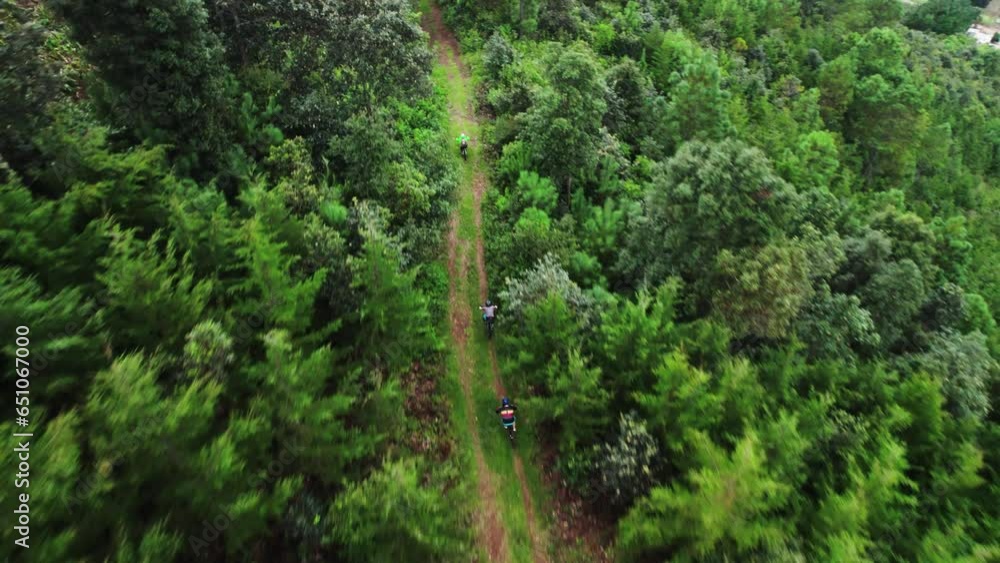 Overhead Drone shot of mountain bikers riding through a green in forest Overhead Drone shot of mountain bikers riding through a green in forest