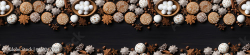 Seamless. A customizable Christmas banner featuring desserts against a black background, creating a stylish and festive atmosphere for your content. Photorealistic illustration