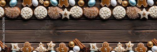 Seamless. A customizable Christmas banner featuring desserts on a wooden table, creating a warm and inviting atmosphere for your content. Photorealistic illustration