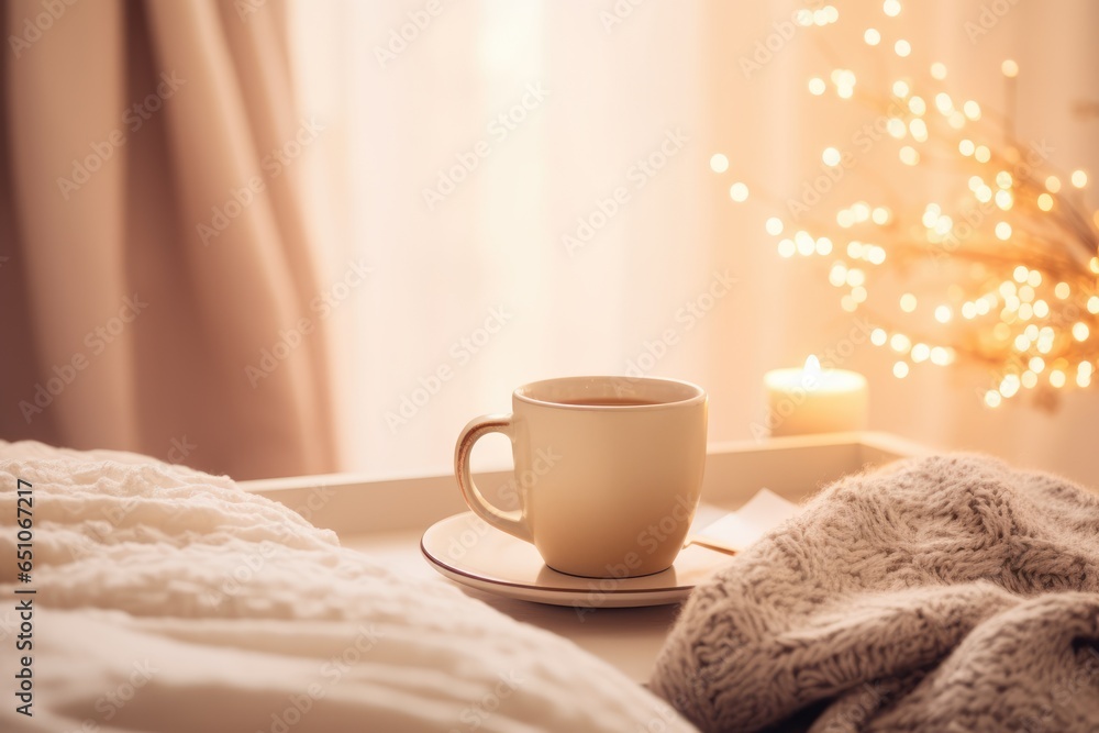 Cozy photo. A cup of coffee, a blanket by the window, christmas lights, winter Cozy photo. A cup of coffee, a blanket by the window, christmas lights, winter