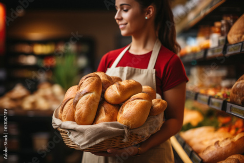 Cropped view of hands of caucasian girl seller holing freshly baked bread