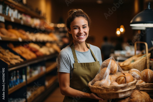 Young Caucasian girl seller puts freshly baked bread in the baking department