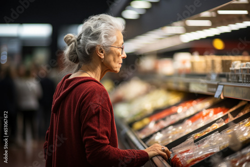 Side view of senior caucasian woman shopping in a grocery store