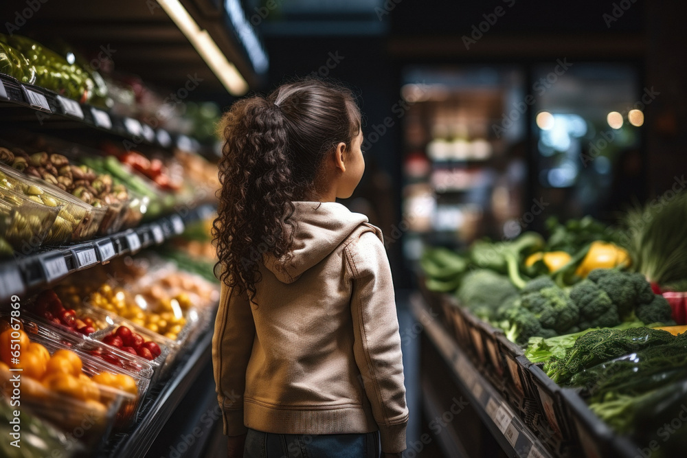 Back view of little female child girl shopping in a grocery store