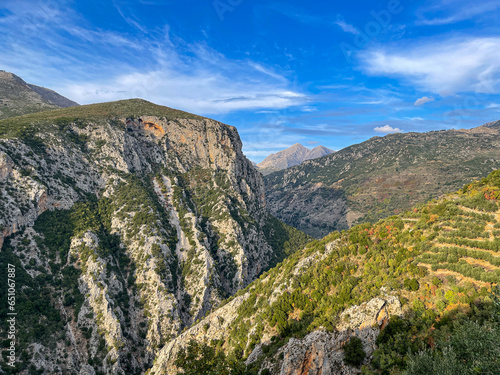 Natural scenery from the famous Ridomo gorge in Taygetus Mountain. located near Kentro Avia and Pigadia Villages in Mani area, Messenia, Greece