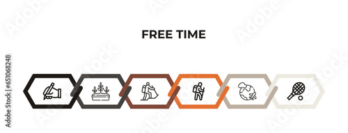 write, gardening tools, trekking, hiking, traveling, tennis racket outline icons. editable vector from free time concept. infographic template.