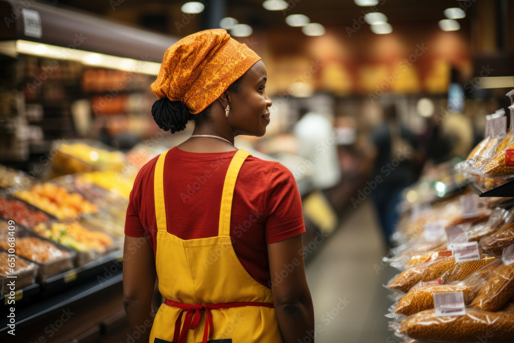 Obraz premium Saleswoman in apron, on background of grocery department of store.