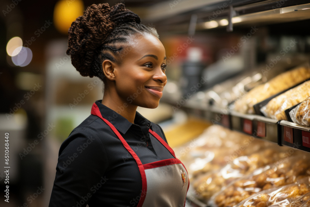 Saleswoman in apron, on background of grocery department of store. Saleswoman in apron, on background of grocery department of store.