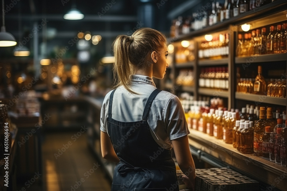 Saleswoman in apron, on background of grocery department of store.