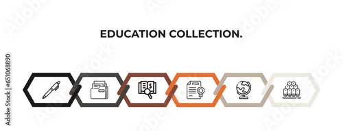 fountain, black folder, book and magnifier, diploma with seal, classroom globe, grandstand outline icons. editable vector from education collection. concept. infographic template.