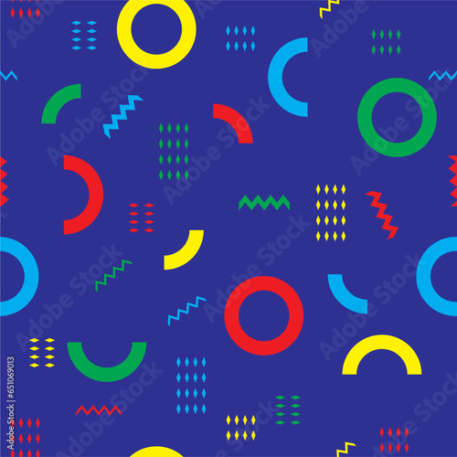 Seamless pattern with abstract geometrical shapes. Trendy colorful retro background with geometric figures. Stylish wallpaper or fabric print. Flat vector textured repeatable backdrop