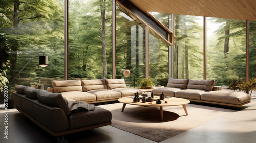 Nature-Inspired Retreat: Large windows overlook a forest, with a tan leather sectional sofa and a wooden coffee table providing a view