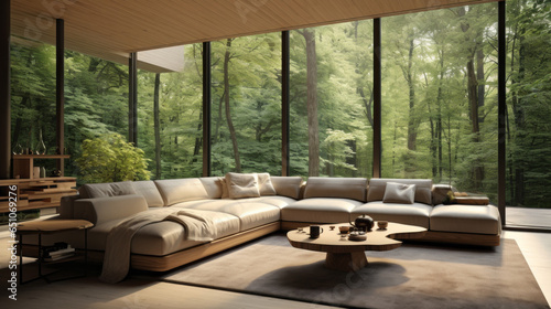 Nature-Inspired Retreat  Large windows overlook a forest  with a tan leather sectional sofa and a wooden coffee table providing a view