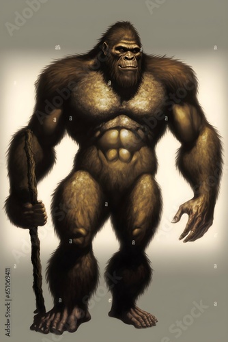 Sasquatch with sepia brown hair intelligent and sapient almost human like gentle giant yellow eyes muscular holding a big walking stick full body image human hands and feet five fingers and toes 