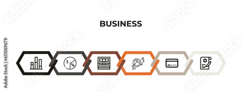 statistical chart, pie chart with dollar, stack of gold, pie graphic, banking card, outline icons. editable vector from business concept. infographic template.