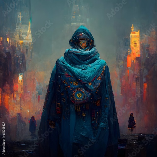 spiritpunk warrior mage with detailed cloak and pancho layers of clothes city of ligh 4k  photo