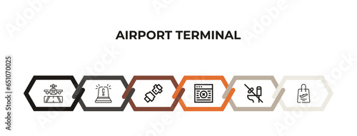 landing runway, danger sing, airplane security belt, stewardress head, airpot cupboard, duty free bag outline icons. editable vector from airport terminal concept. infographic template.