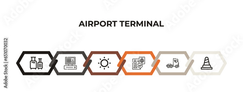 trolley with luggage, terminal watch, sunny day, two passports, gangway truck, road cone outline icons. editable vector from airport terminal concept. infographic template.