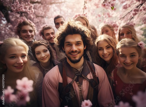 A group of people in a cherry blossom garden