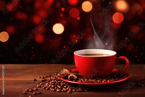 A cup of coffee on the table, Christmas lights