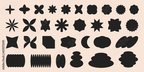 Vector set of abstract geometric shapes. Black brutal contemporary icons. Various geometric figures. Bauhaus memphis design.