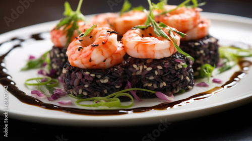 A plate of black rice and succulent shrimp, a culinary delight.