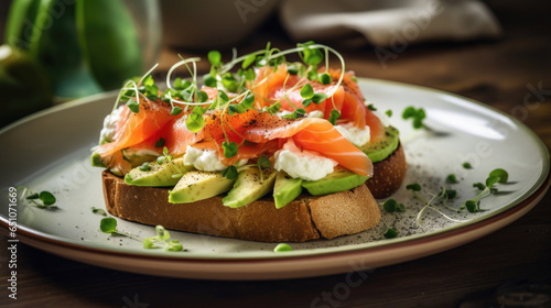Delicious bruschetta topped with fresh salmon on a plate.