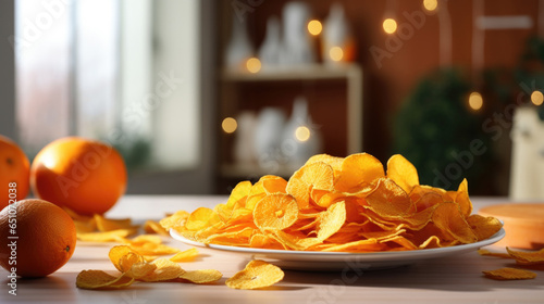 Orange fruit chips on a wooden table indoors.