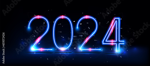 Happy New Year vector holiday in technology sci fi circuit design innovation concept. 3D 2024 date number holiday greeting card. Futuristic web banner template.