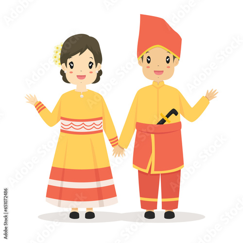 Happy couple wearing Central Sulawesi traditional dress waving hands, greeting hand gesture. Central Sulawesi, Indonesia traditional dress cartoon vector.