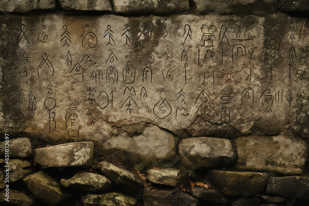 Fotka „Cryptic runes are carved into a stone wall, their meaning ...
