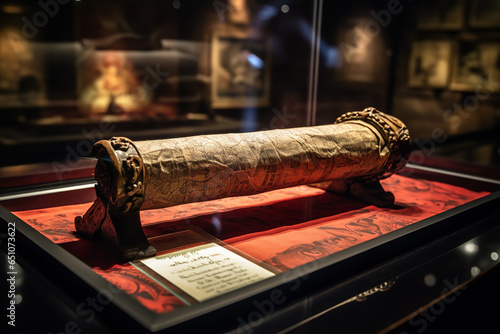 An ancient scroll is displayed in a glass case, the faded ink hinting at untold wisdom or perhaps a hidden curse