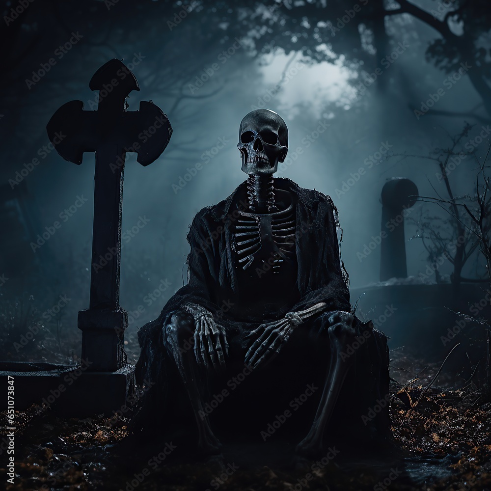 A skeleton sitting on a throne in a cemetery. halloween day concept