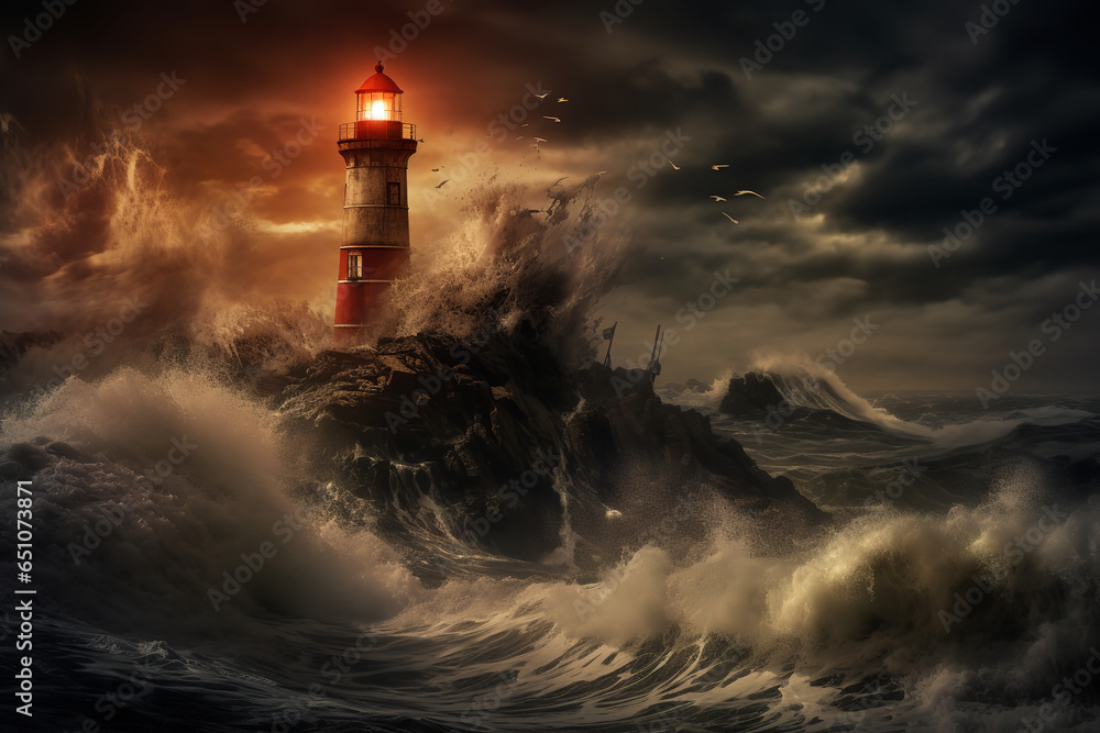 An unlit lighthouse stands tall against a backdrop of stormy seas and dark clouds, its purpose momentarily lost