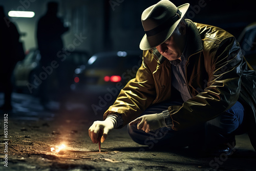  A detective carefully examines a set of clues at a complex crime scene, focused on solving the enigma