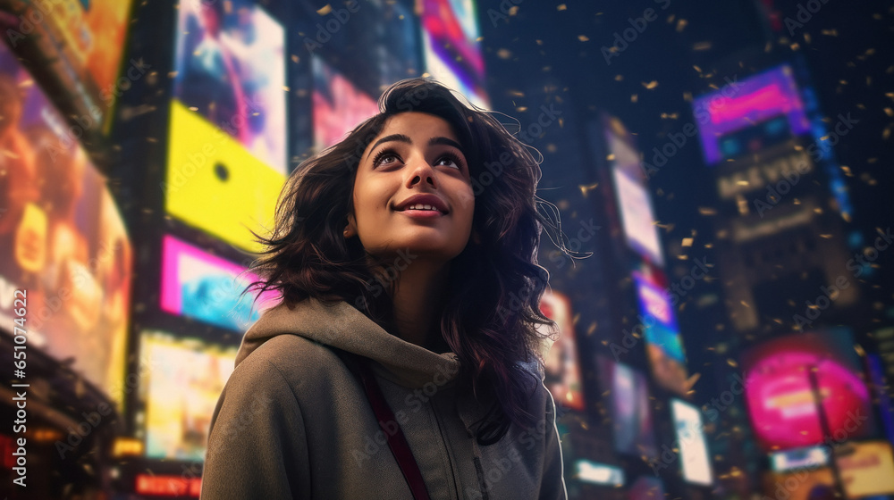 Young woman tourist standing on city street and giving happy expression Young woman tourist standing on city street and giving happy expression