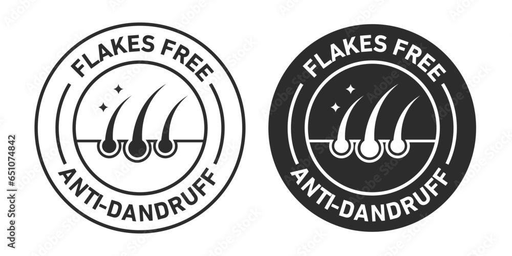 Flakes free anti-dandruff Icons set in black filled and outlined.