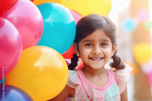 Cute little girl child smiling and holding colorful balloons