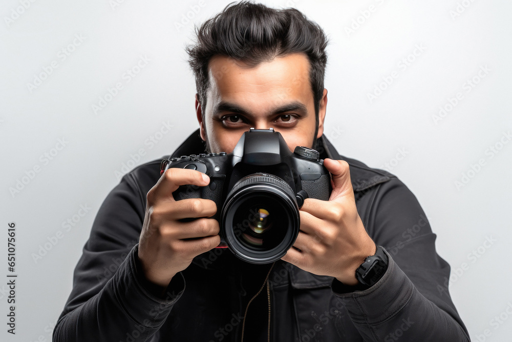 Indian Photographer With Camera on white background. Indian Photographer With Camera on white background.