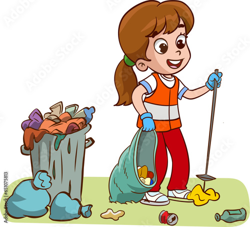 Kids clean up garden or park from garbage, volunteers collecting plastic bottles and cans