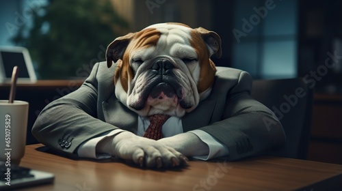 burnout dog in businessman suit at office desk.