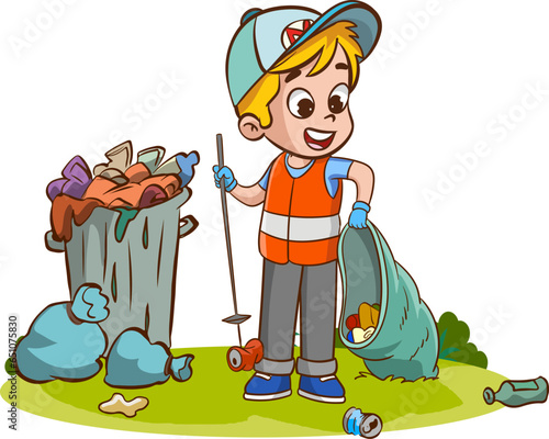 Kids clean up garden or park from garbage, volunteers collecting plastic bottles and cans