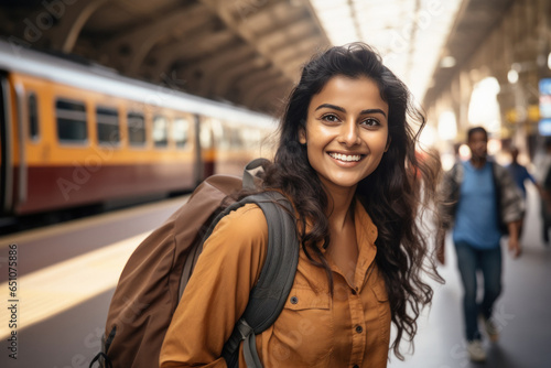 young woman traveler holding backpack and giving happy expression