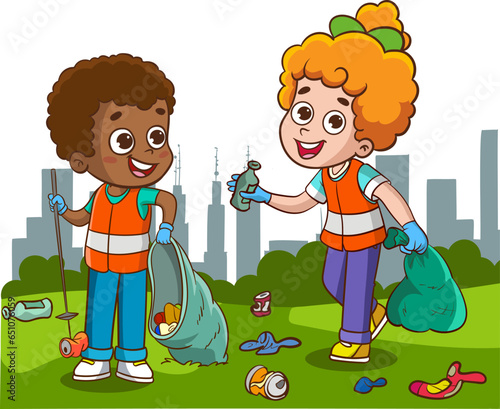 Kids clean up garden or park from garbage, volunteers collecting plastic bottles and cans