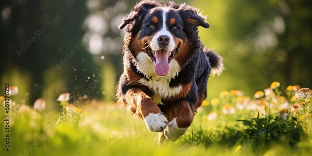 Happy bernese mountain dog running on a green field on a beautiful summer day